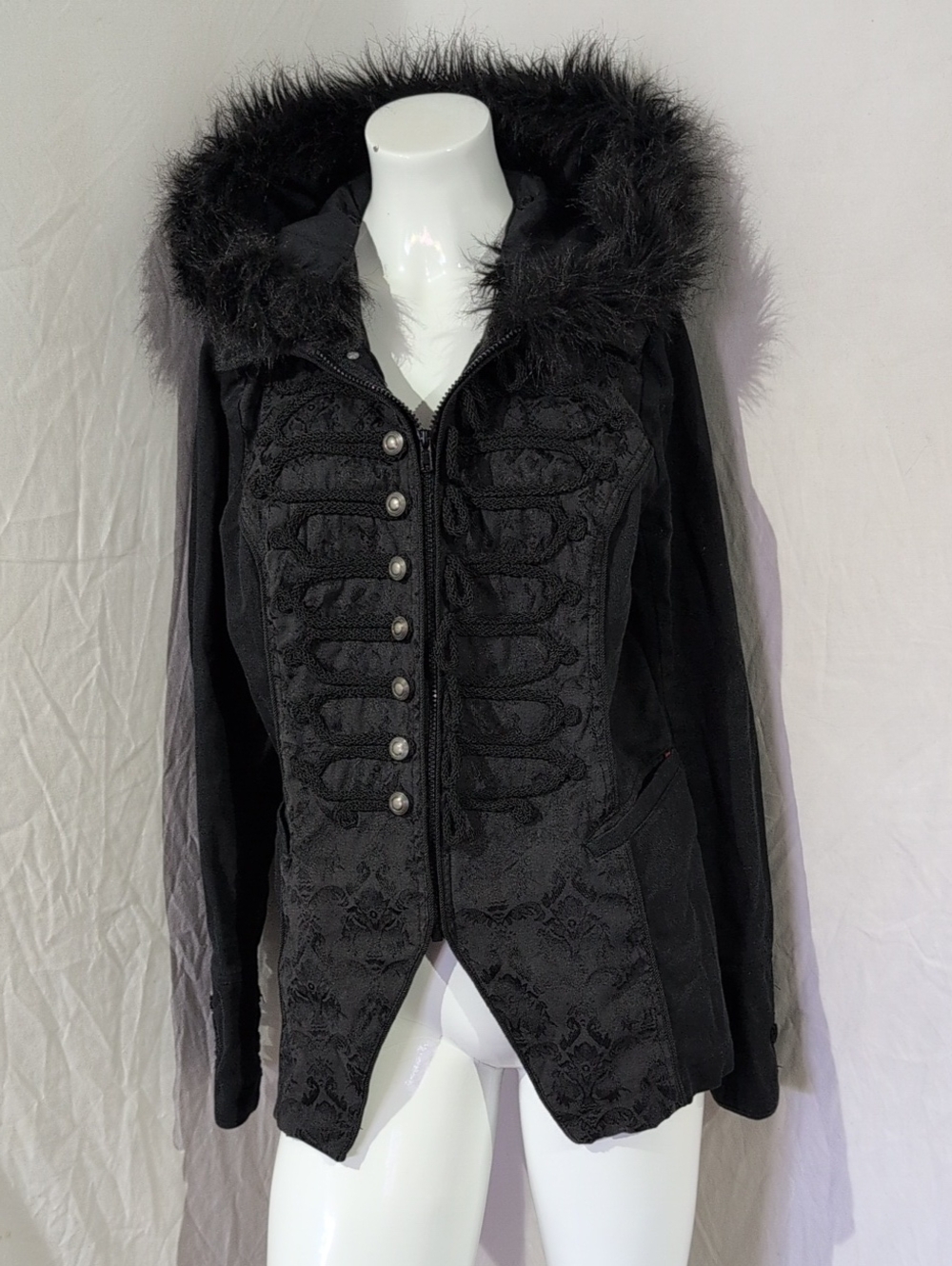 Vintage Tripp nyc Black Faux Fur Hooded Military-Style Blazer Jacket